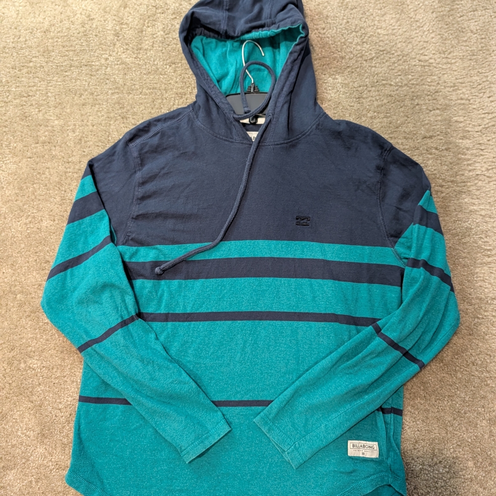 Billabong Men's Navy and Teal Striped Hoodie
